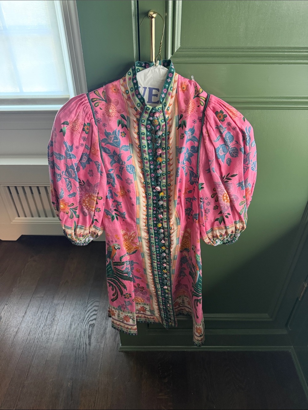 Zimmermann Pink Floral Embroidered Coat with Puff Sleeves